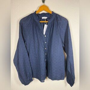 Mango Navy Long Sleeve Eyelet Blouse V-Neck Medium Cotton NEW